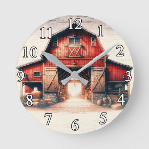 Horloge Ronde Vieille grange rouge campagne rustique 