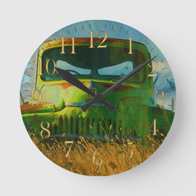 Horloge Ronde Vieux Camion de ferme verte et champ (Recto)