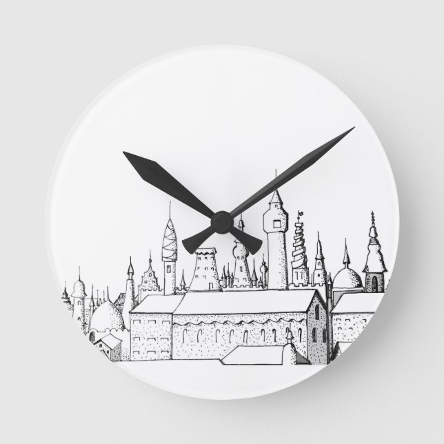 Horloge Ronde ville fabuleuse . artwork . noir et blanc (Recto)