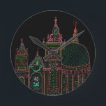 Horloge Ronde Ville lueur brillant Neon noir<br><div class="desc">Enjoy this whimsical city drawing on this colorful clock. You can always add your own text. Let me know if you'd like something custom made. Je t'en prie, je t'en prie ! Be sure to share a pic on Instagram of it in action and tag me me @shoshannahscribbles :)</div>