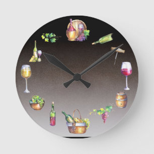 Horloge Ronde Vin Aquarelle Lover Raisins Barrel Vaisseau