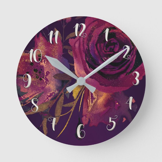 Horloge Ronde Vin de Bourgogne Floral Rose violet glam moderne (Recto)