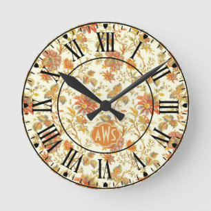 Horloge Ronde Vintage automne Floral Feuille Orange Monogramme