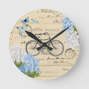 Horloge Ronde Vintage Bicycle Blue Hydrangeas Paris Wall Clock