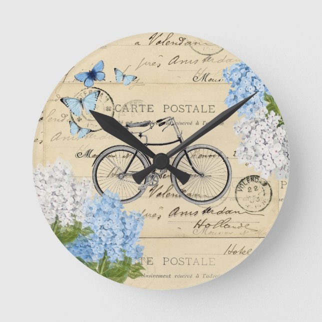 Horloge Ronde Vintage Bicycle Blue Hydrangeas Paris Wall Clock (Recto)