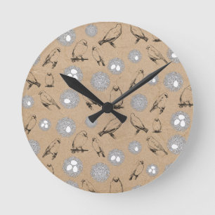 Horloge Ronde Vintage Birds & Nid Rustic Kraft Brown