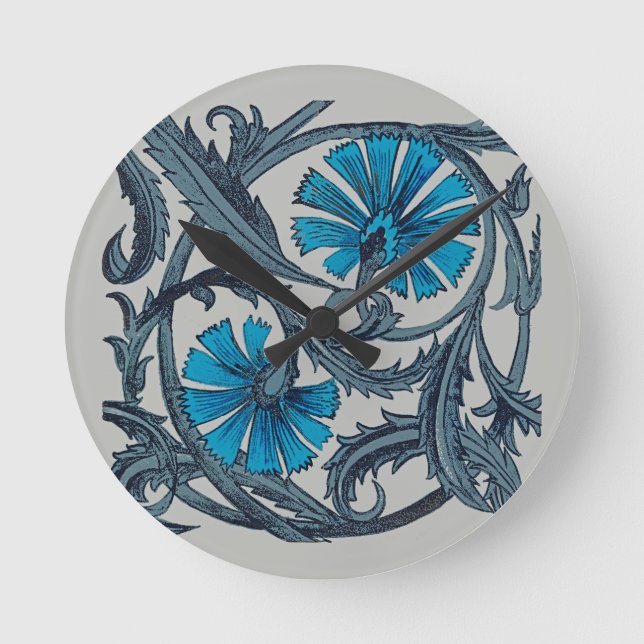 Horloge Ronde vintage bleu antique fleurs artisanat rustique (Recto)