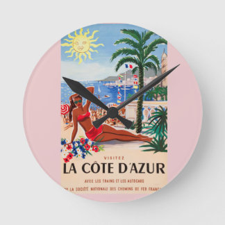 Horloge Ronde Vintage Côte d'Azur Beach Girl