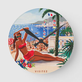 Horloge Ronde Vintage Côte d'Azur Beach Girl