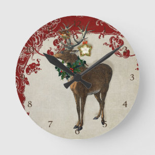 Horloge Ronde Vintage Elegance Christmas Deer Antlers Damask