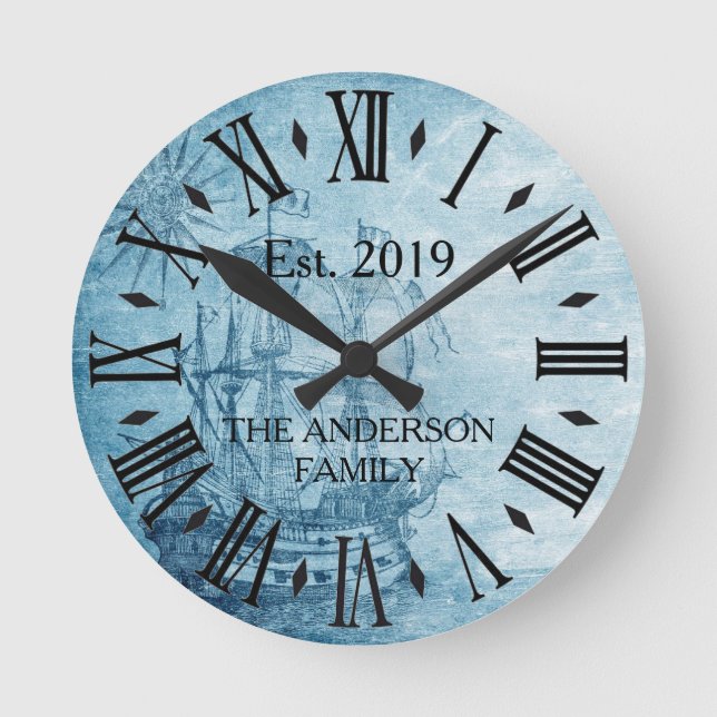Horloge Ronde Vintage Elegant Family Name Roman Numeral Nautical (Recto)