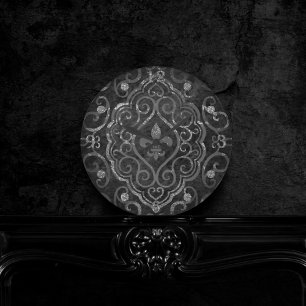 Horloge Ronde Vintage Fleur de Lis   Black Silver Grunge Damask