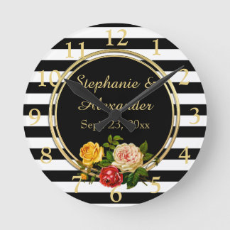 Horloge Ronde Vintage floral noir et blanc bande personnalisée