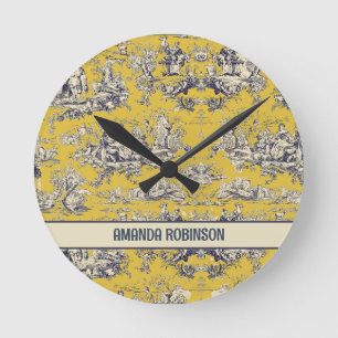 Horloge Ronde Vintage lac fleuri jaune toile de jouy monogramme