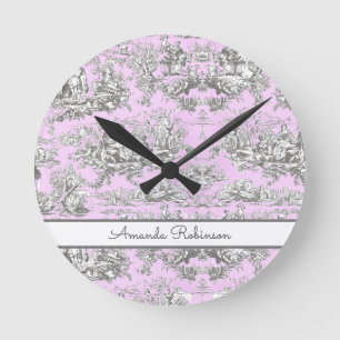 Horloge Ronde Vintage lac fleuri rose toile de jouy monogramme