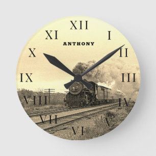 Horloge Ronde Vintage Locomotive Train Engine Railway Steam