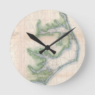 Horloge Ronde Vintage Map of The Caroline du Nord Coast