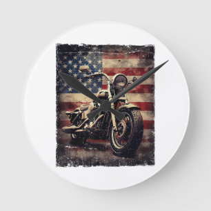 Horloge Ronde Vintage Motorcycle USA Drapeau Retro Biker América
