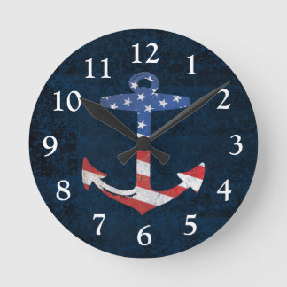 Horloge Ronde Vintage Patriotic American Flag Anchor Nautical US