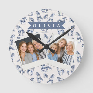 Horloge Ronde Vintage Personnalisé Cheval Bleu Classique Campagn