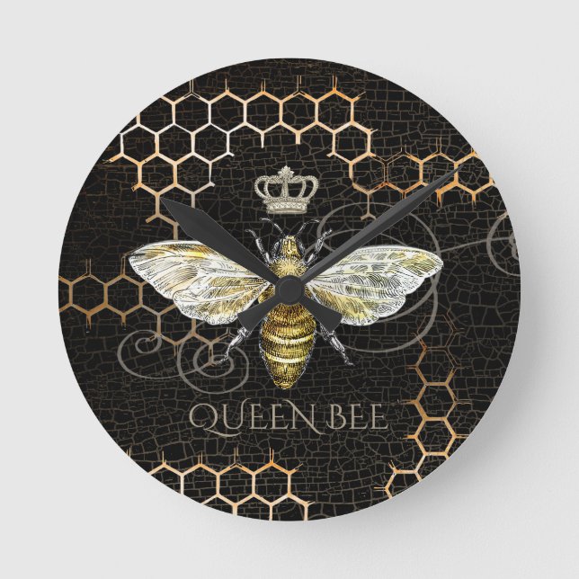 Horloge Ronde Vintage Queen Bee Royal Crown Honeycomb Noir (Recto)