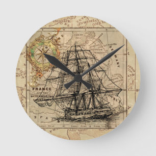 Horloge Ronde Vintage Sailing Ship and Old European Map