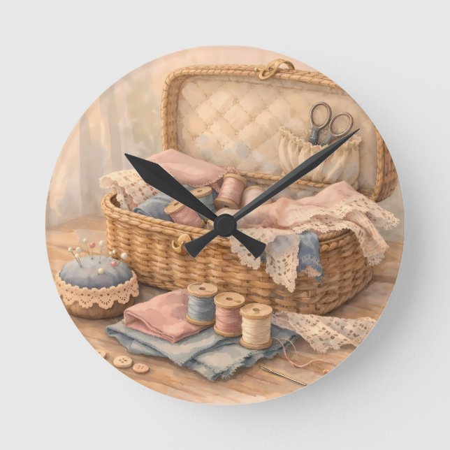 Horloge Ronde Vintage Sewing Basket Cottagecore Pastel (Recto)