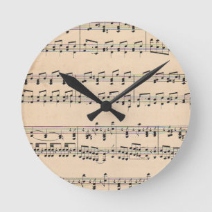 Horloge Ronde Vintage Sheet Music Score Black and White Notes