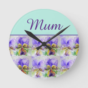 Horloge Ronde Viola Flower Aqua Frappe florale Fête des mères