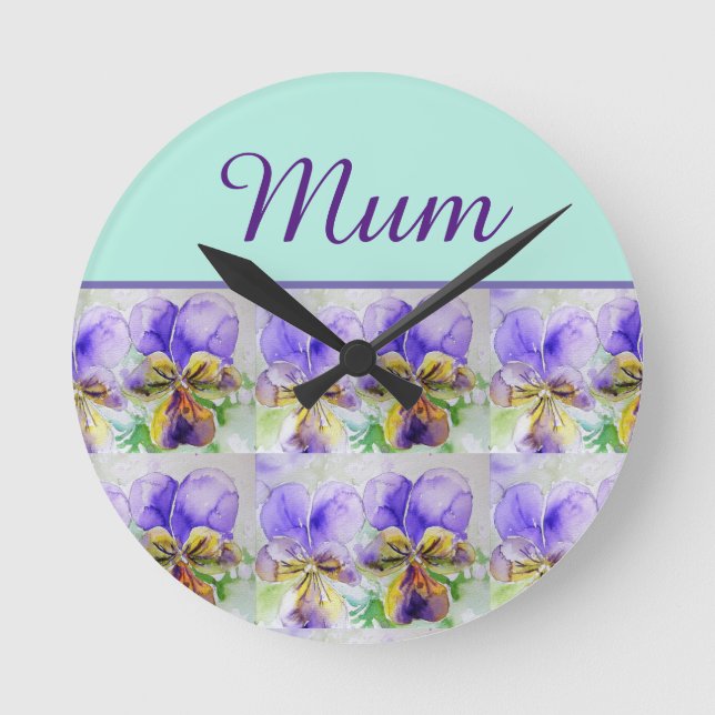 Horloge Ronde Viola Flower Aqua Frappe florale Fête des mères (Recto)