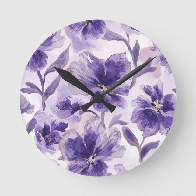 Horloge Ronde Violet Blooms Watercolor Purple Flowers Painted (Recto)