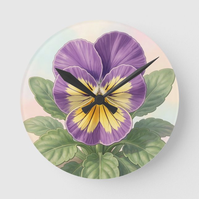 Horloge Ronde Violet Jaune Vibrant Fleur de Pensée Botanique  (Recto)