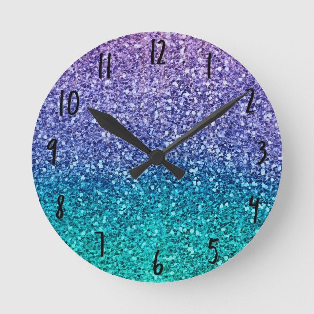 Horloge Ronde Violet lavande et vert aqua scintillant pailleté (Recto)
