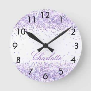 Horloge Ronde Violet lavande nom script élégant