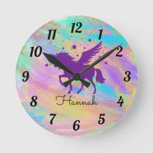 Horloge ronde violette Unicorne dorée