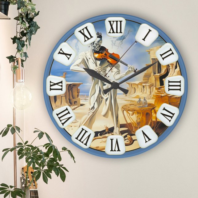 Horloge Ronde Violon surréaliste Art (Wall clock featuring a fine art painting of a violinist in a surreal landscape - with roman numbers)