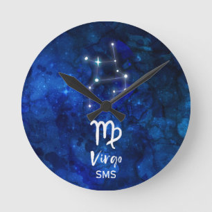 Horloge Ronde Virgo Zodiac Constellation Blue Galaxy Monogram