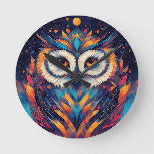 Horloge Ronde Visage de hibou géométrique coloré