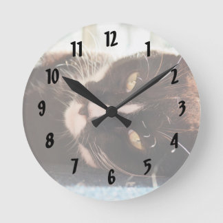 Horloge Ronde visage du chat noir et blanc photo de l'animal yeu
