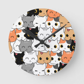 Horloge Ronde Visages de chat mignons kawaii motif 