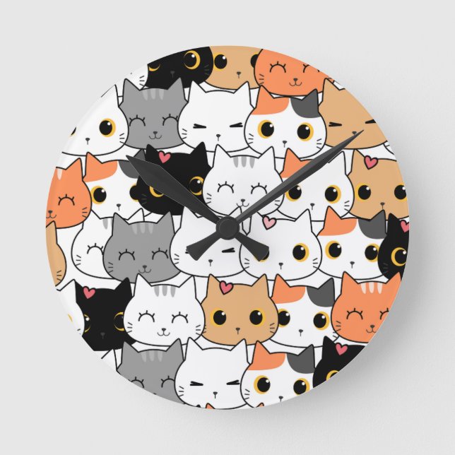 Horloge Ronde Visages de chat mignons kawaii motif  (Recto)