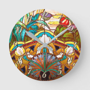 Horloge Ronde Vitrail Art nouveau fleuri
