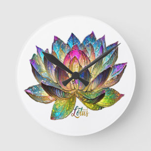 Horloge Ronde Vitrail Fleur de Lotus Colorée sur Fond Blanc 