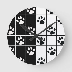 Horloge Ronde Vitre blanche noire Cute Paw Plaid