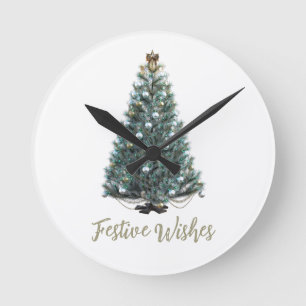 Horloge Ronde Vœux de fête. Conception d'arbre de Noël