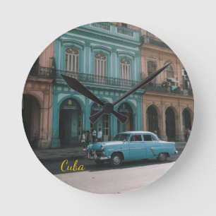 Horloge Ronde Voiture Américaine Vintage Turquoise Cuba Colonial
