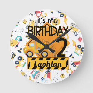 Horloge Ronde voiture camion de construction jaune 2e anniversai