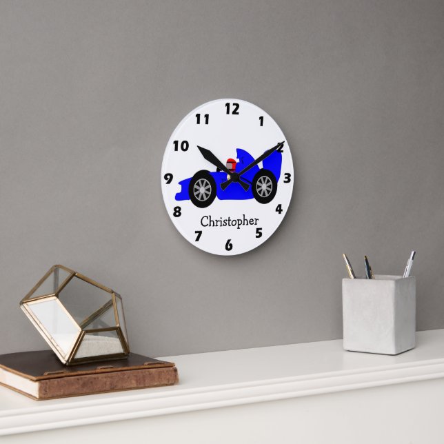 Horloge Ronde Voiture de course bleue personnalisée (Bureau)
