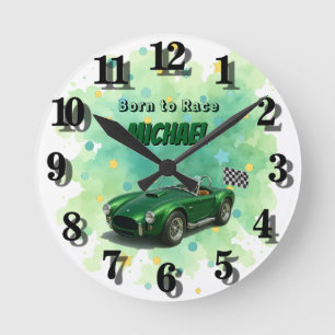 Horloge Ronde Voiture de course verte de fête d'anniversaire 10