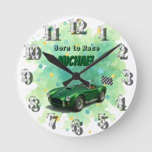 Horloge Ronde Voiture de course verte de fête d'anniversaire 10 